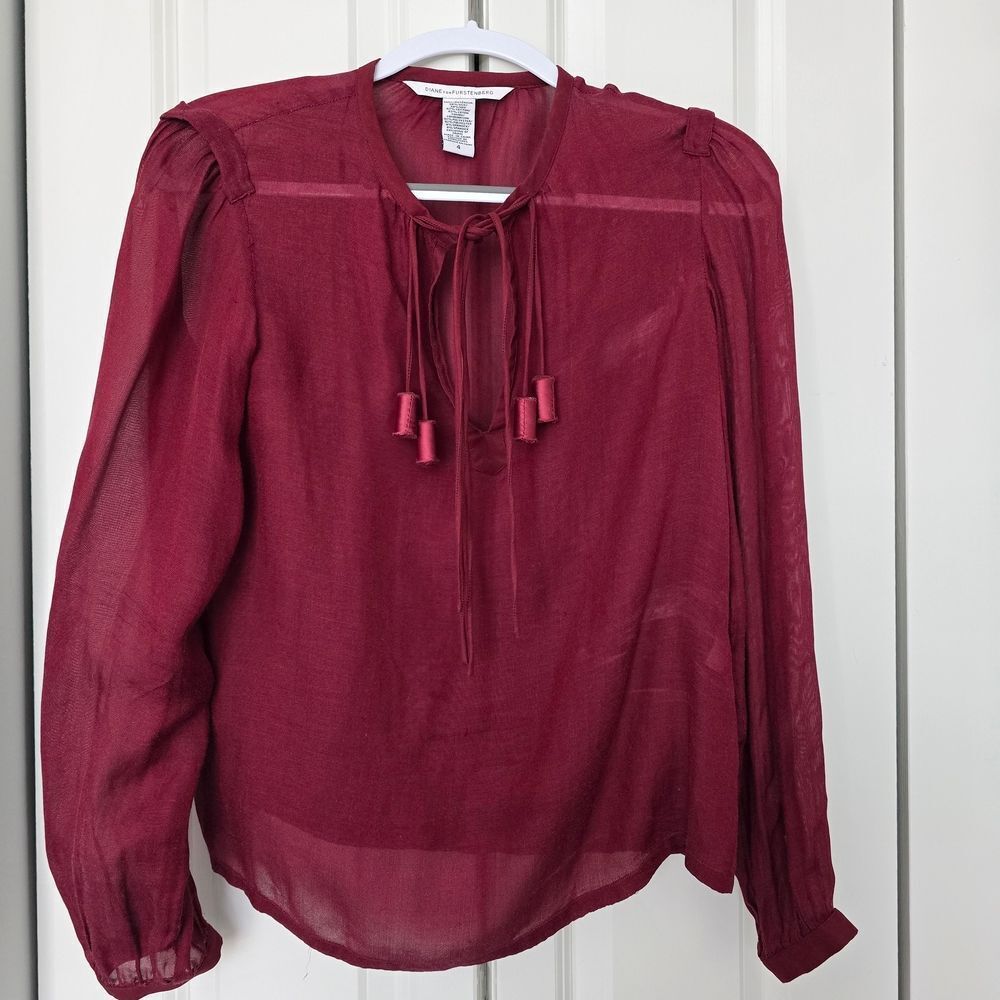 Diane von Furstenberg Burgundy Tie-Neck Sheer Blouse